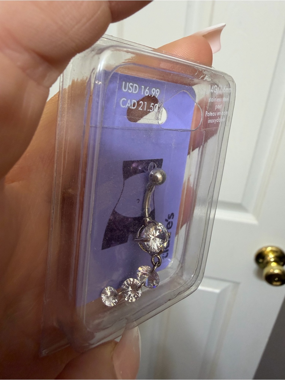Claire's Silver Clear Crystal Dangle Belly Button Ring - Picture 4 of 4